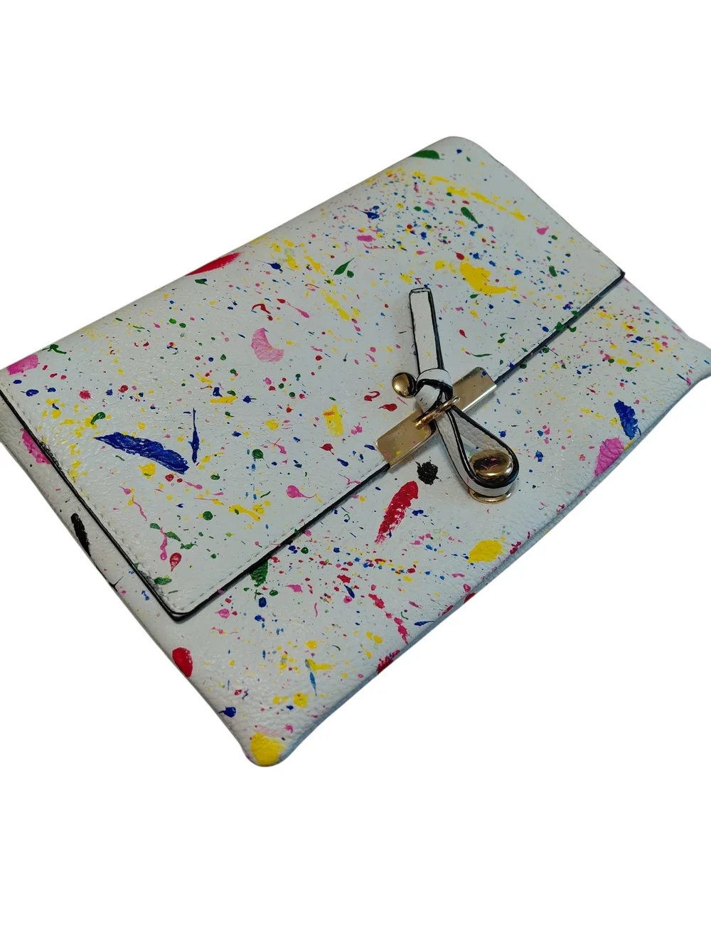 White Multicolor 80-90s Paint-Splatter Clutch with Gold Hardware
